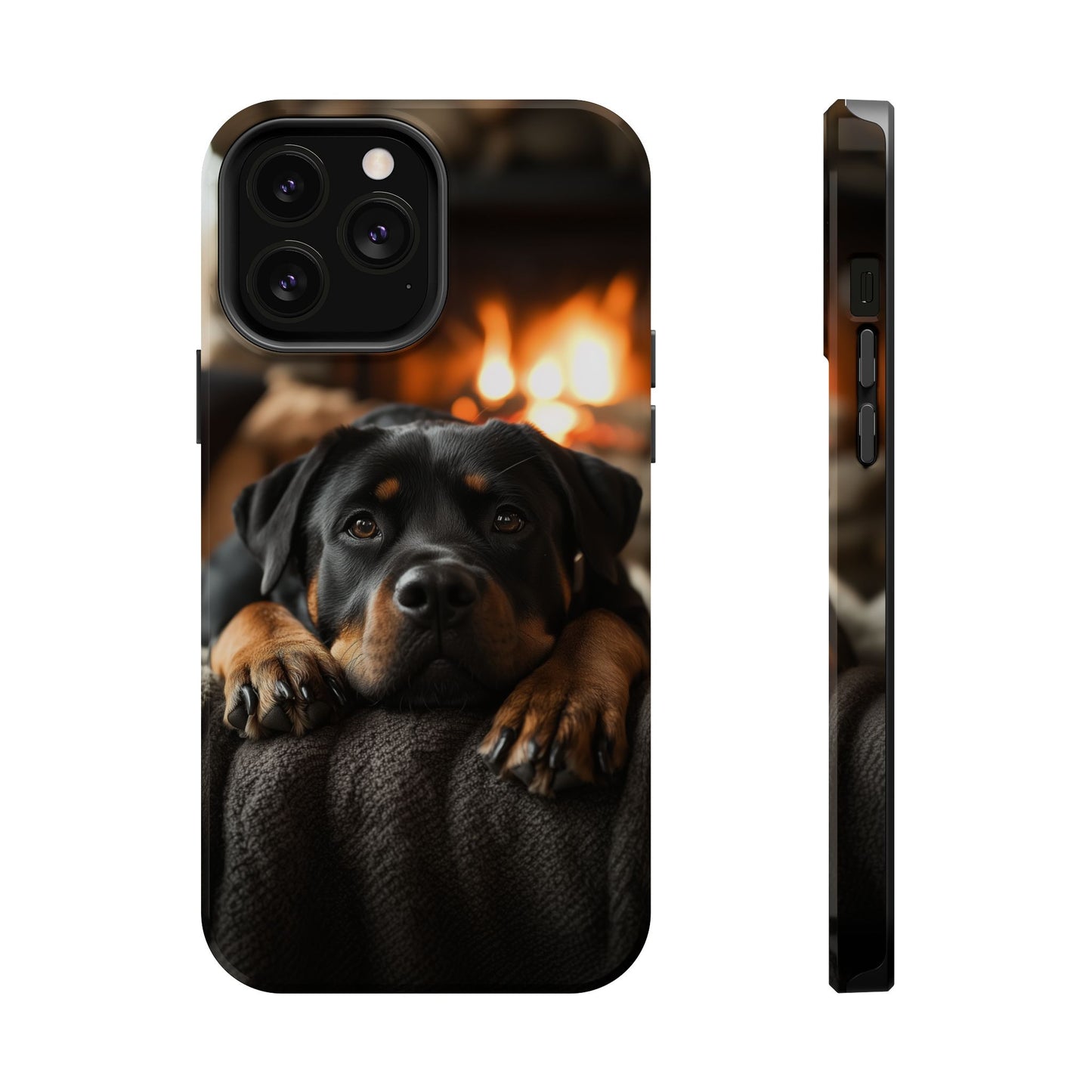 Cozy Rottweiler by the Fireplace MagSafe iPhone Case – Warm Rustic Design