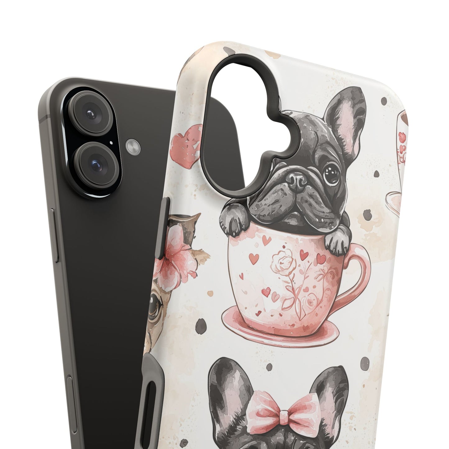 French Bulldogs in Teacups MagSafe iPhone Case – Cute Dog Design with Hearts & Bows, Shockproof & Slim