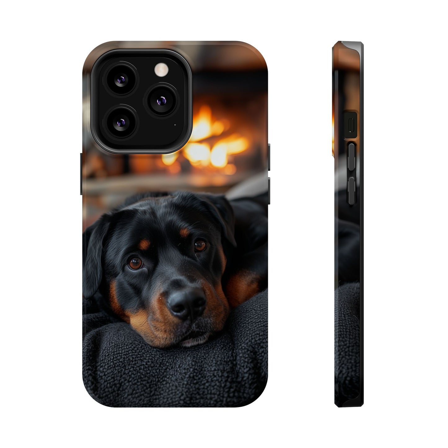 Charming Rottweiler by the Fireplace MagSafe iPhone Case – Cozy & Functional Design