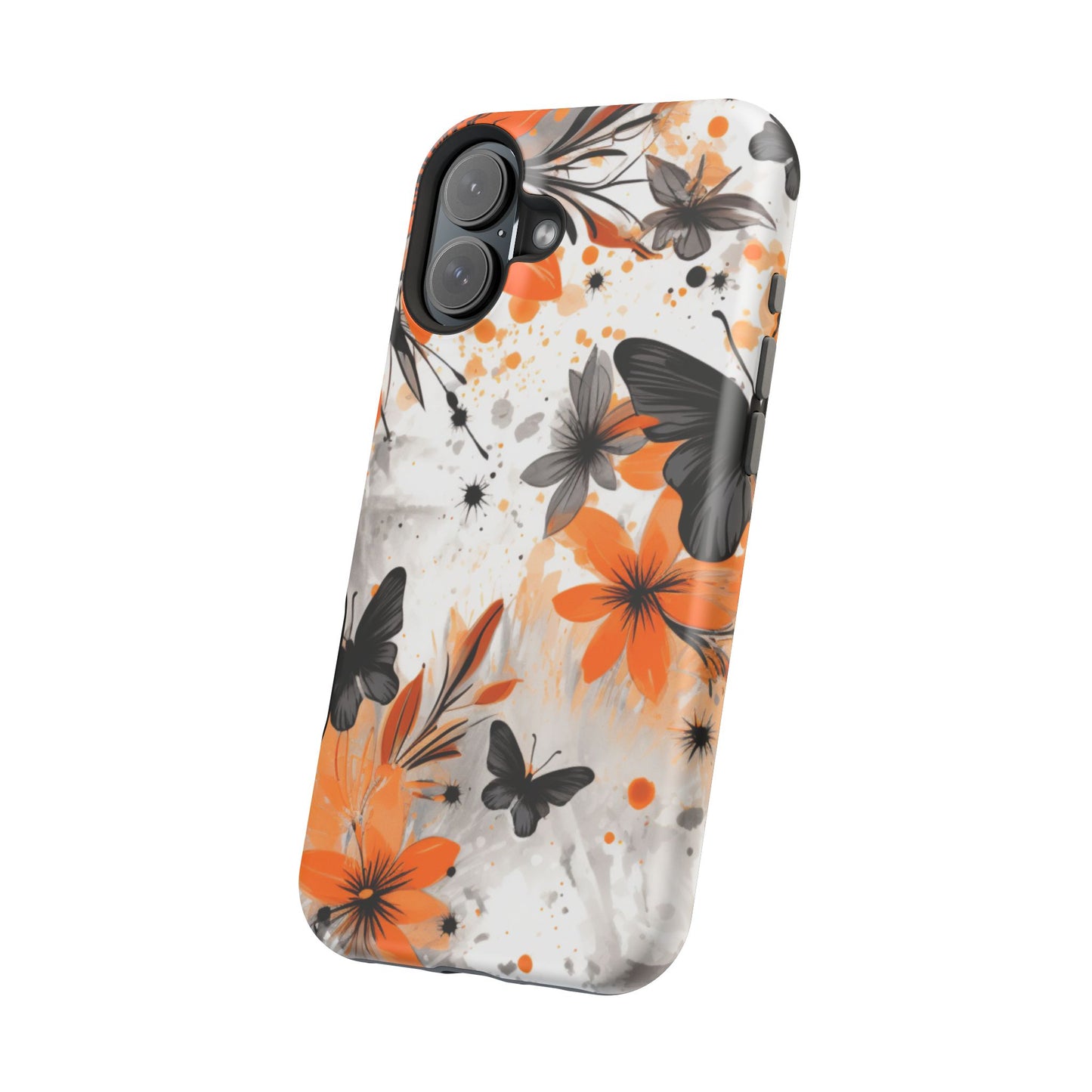 Orange Blossom & Black Butterfly MagSafe iPhone Case – Bold Floral Pattern with Modern Abstract Style