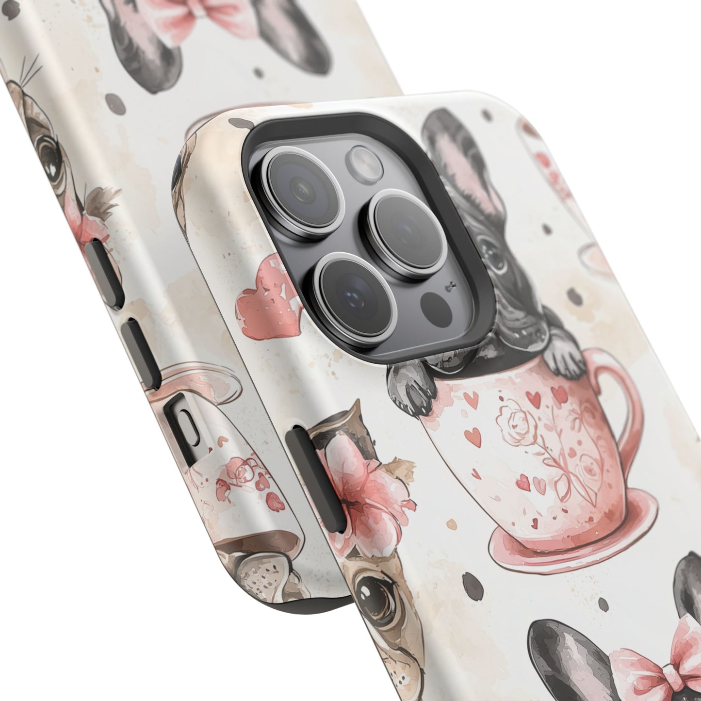 French Bulldogs in Teacups MagSafe iPhone Case – Cute Dog Design with Hearts & Bows, Shockproof & Slim