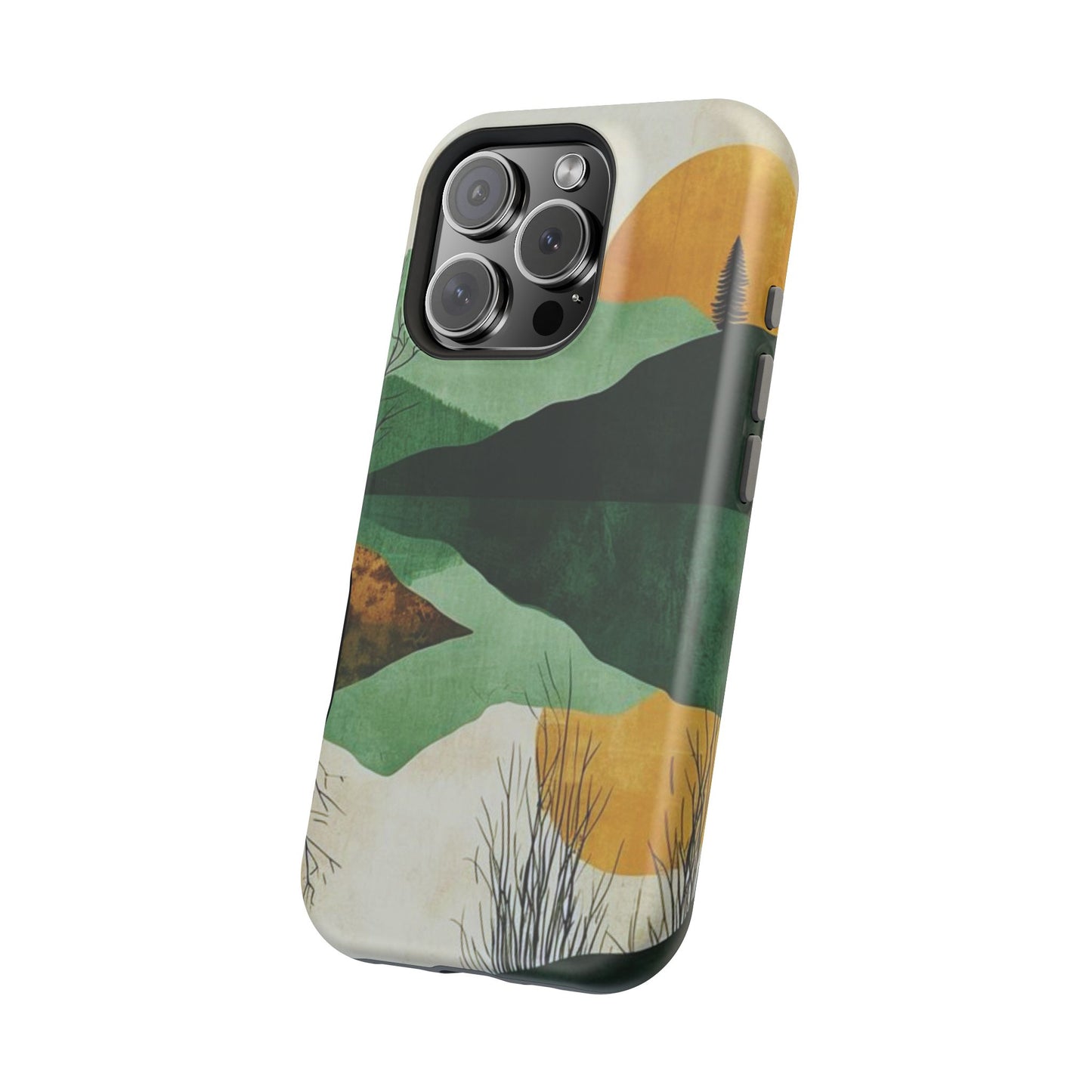 Retro Mountain Sunrise MagSafe iPhone Case – Minimalist Landscape Design, Dual-Layer Protection