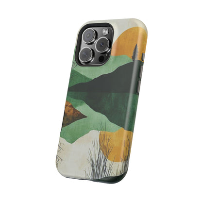 Retro Mountain Sunrise MagSafe iPhone Case – Minimalist Landscape Design, Dual-Layer Protection