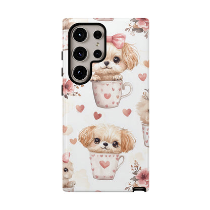 Cute Puppies in Heart Mugs Samsung Galaxy Case – Adorable Dog & Floral Design, Shockproof & Slim - BOGO Cases