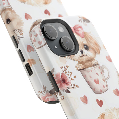 Cute Puppies in Heart MagSafe iPhone Case – Adorable Dog & Floral Design, Shockproof & Slim