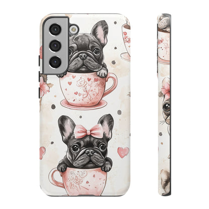 French Bulldogs in Teacups Samsung Galaxy Case – Cute Dog Design with Hearts & Bows, Shockproof & Slim