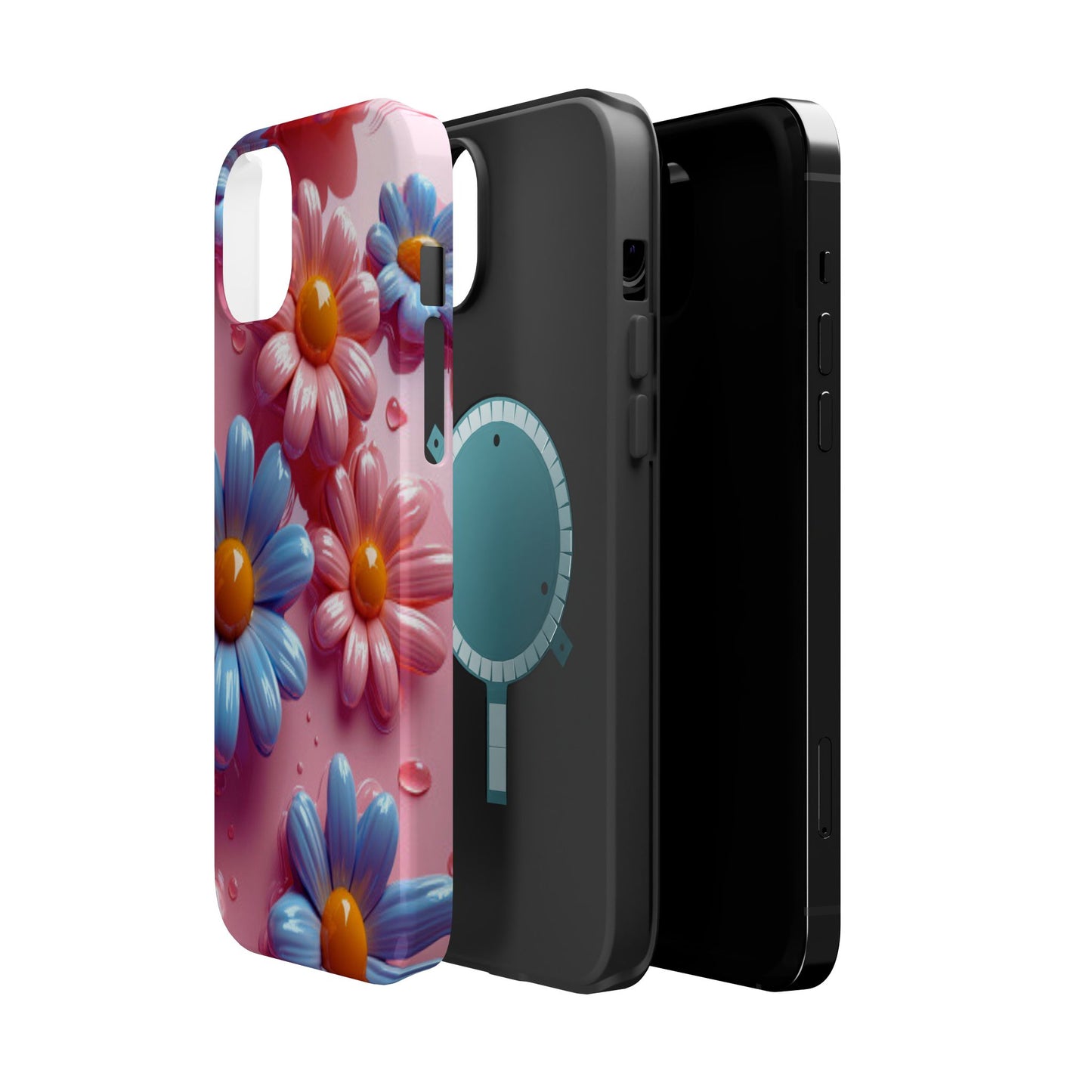 Pastel Daisy 3D MagSafe iPhone Case – Glossy Pink and Blue Floral Design, Full Protection