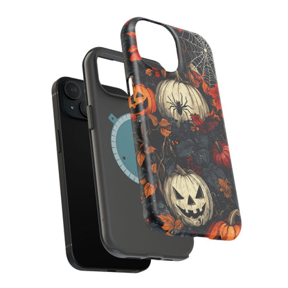 Hauntingly Elegant Halloween MagSafe iPhone Case – Pumpkins, Spiders, and Autumn Leaves Design