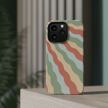 Earthy Retro Waves MagSafe iPhone Case – 70s-Inspired Wavy Stripes in Soft Green, Cream, and Rust