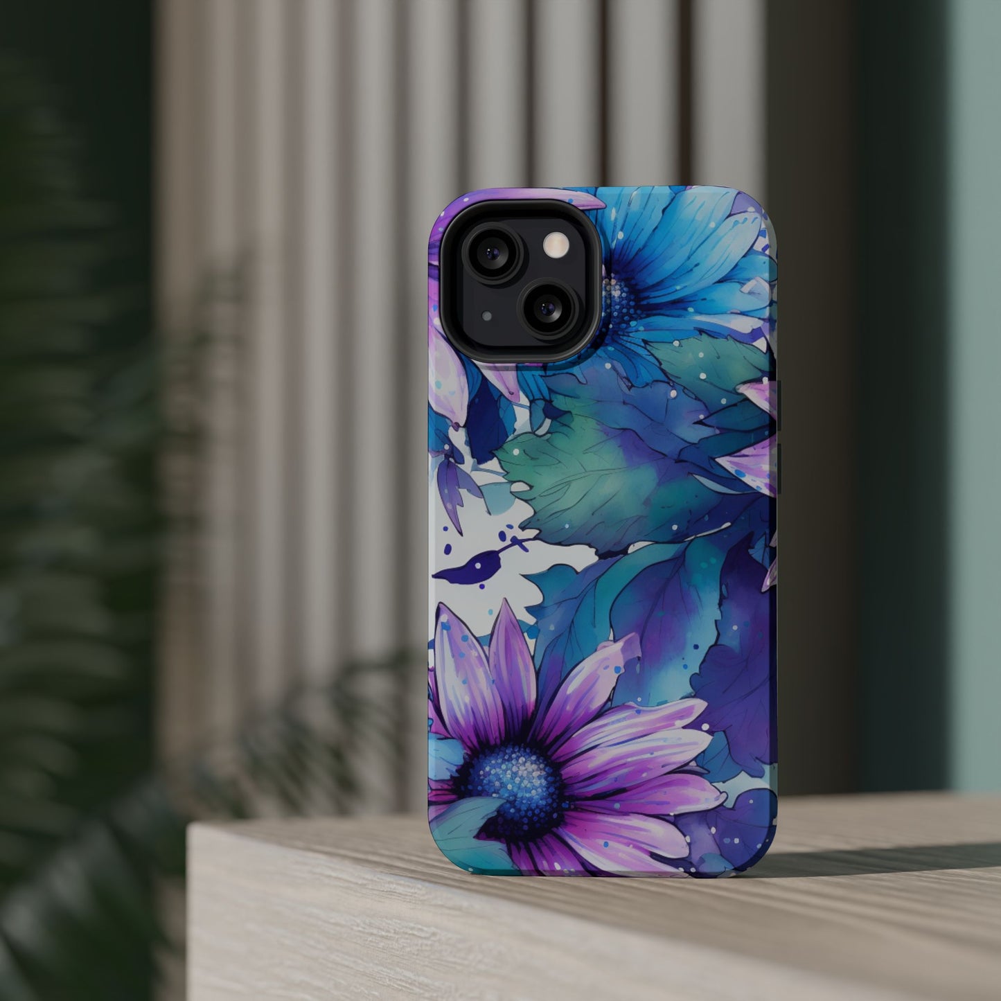 Purple & Teal Watercolor Floral MagSafe iPhone Case - Artistic Flower Design