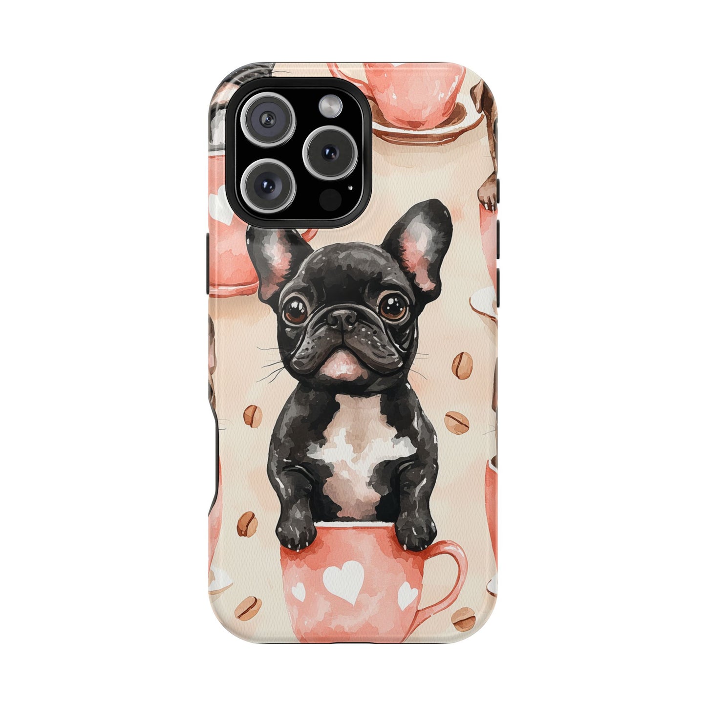 French Bulldogs in Coffee Cup MagSafe iPhone Case – Cute Dog Art, Shockproof & Slim Design