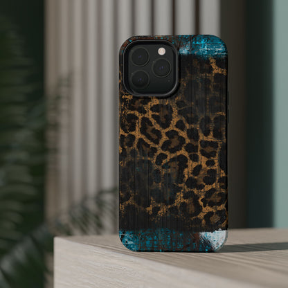 Boho Leopard and Turquoise Tough MagSafe iPhone Case – Rustic Western Design with Dual-Layer Protection