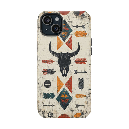 Tribal Bull Skull & Arrows Tough MagSafe iPhone Case – Rustic Western Design, Dual-Layer Protection