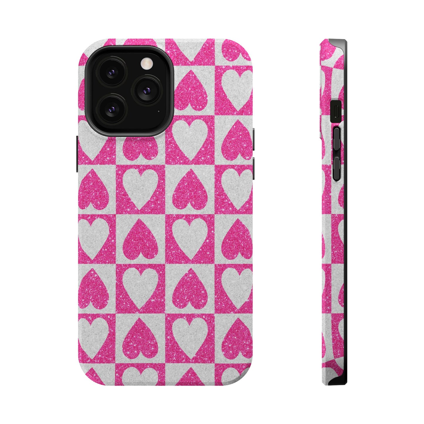 Pink Glitter Heart Checkered Pattern MagSafe Case