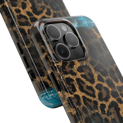 Boho Leopard and Turquoise Tough iPhone Case – Rustic Western Design with Dual-Layer Protection