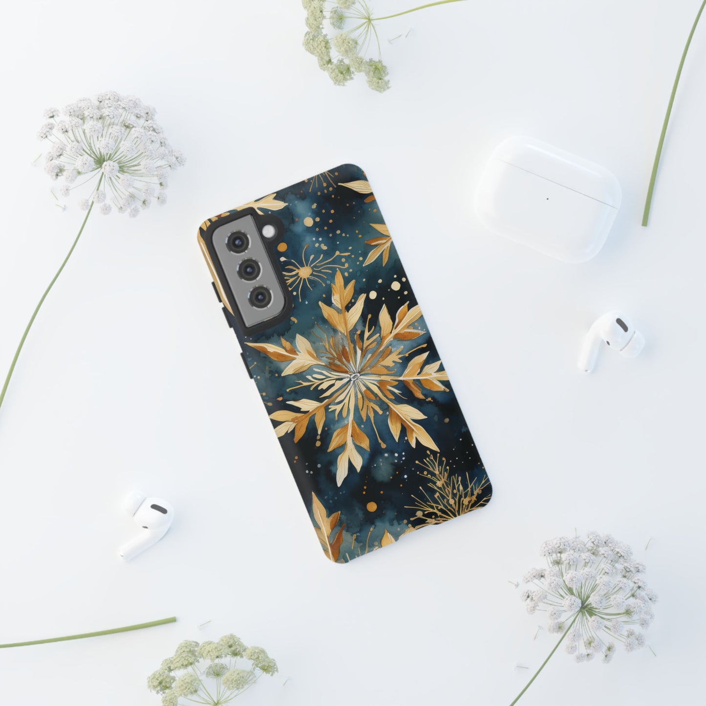 Gold Floral Snowflakes on Midnight Blue - Samsung Galaxy Series Case