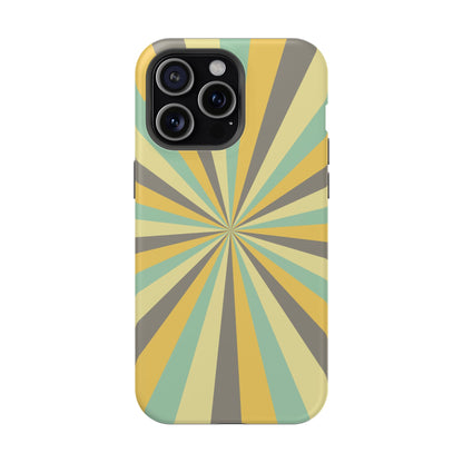 Vintage Sunburst Rays MagSafe iPhone Case – Bold 70s-Inspired Burst in Yellow, Mint, and Gray