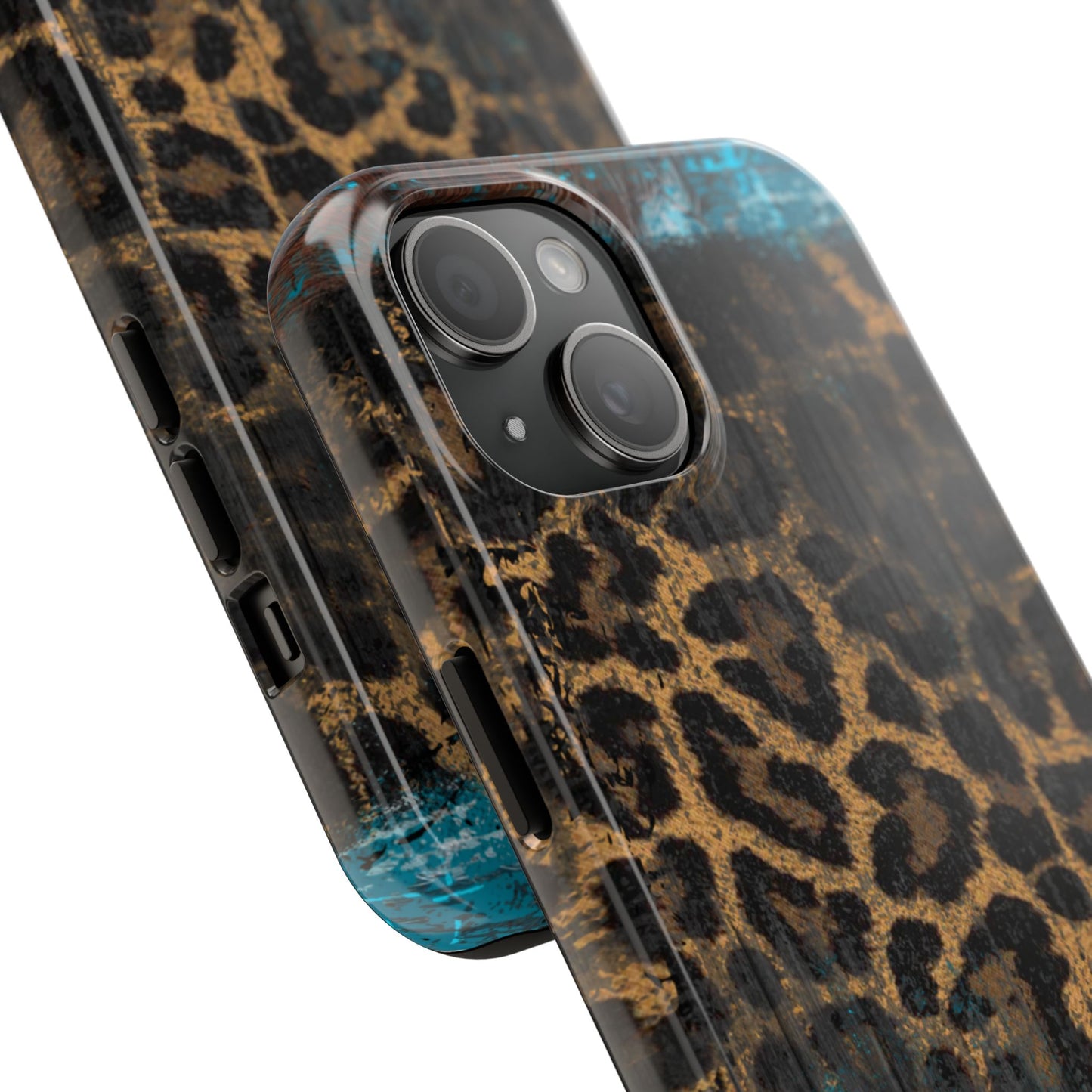 Boho Leopard and Turquoise Tough iPhone Case – Rustic Western Design with Dual-Layer Protection