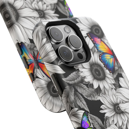 Rainbow Butterflies & Monochrome Sunflowers – MagSafe iPhone Case