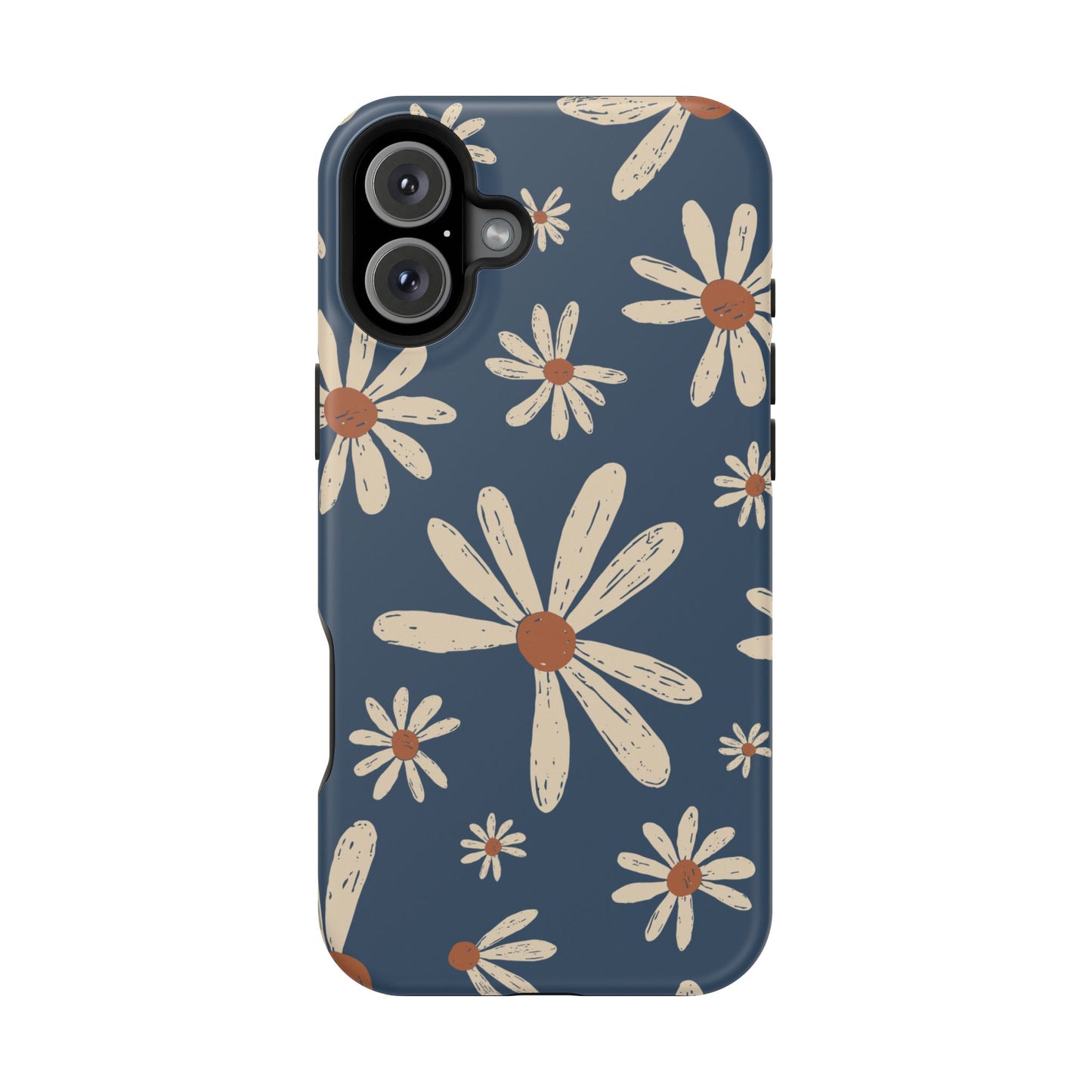 Vintage Daisies MagSafe iPhone Case – Navy Blue Floral Design, Scratch-Resistant with Shock-Absorbing Bumper