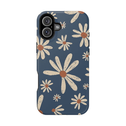 Vintage Daisies MagSafe iPhone Case – Navy Blue Floral Design, Scratch-Resistant with Shock-Absorbing Bumper