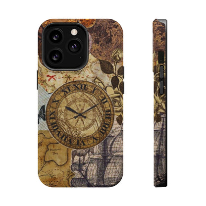 Steampunk Vintage Adventure MagSafe iPhone Case – Dual-Layer Protection with Antique Map and Clock Design