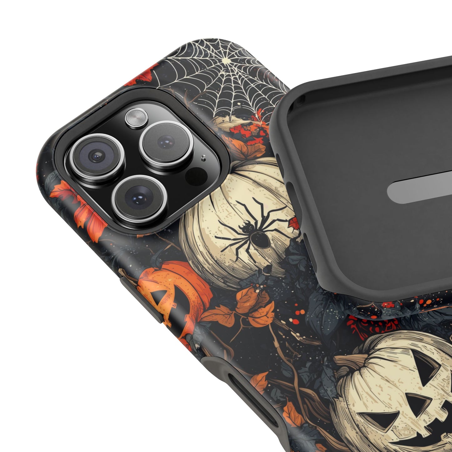 Hauntingly Elegant Halloween MagSafe iPhone Case – Pumpkins, Spiders, and Autumn Leaves Design