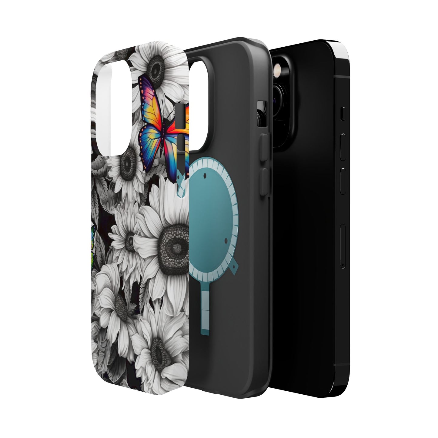 Rainbow Butterflies & Monochrome Sunflowers – MagSafe iPhone Case