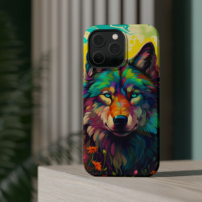 Rainbow Wolf in Bloom – MagSafe iPhone Case with Nature-Inspired Design