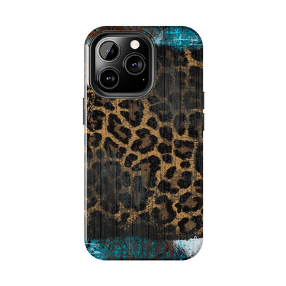 Boho Leopard and Turquoise Tough iPhone Case – Rustic Western Design with Dual-Layer Protection