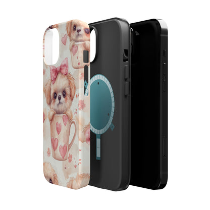 Adorable Puppy in Teacup MagSafe iPhone Case – Tough, Dual-Layer Protection with Cute Pink Bow Design