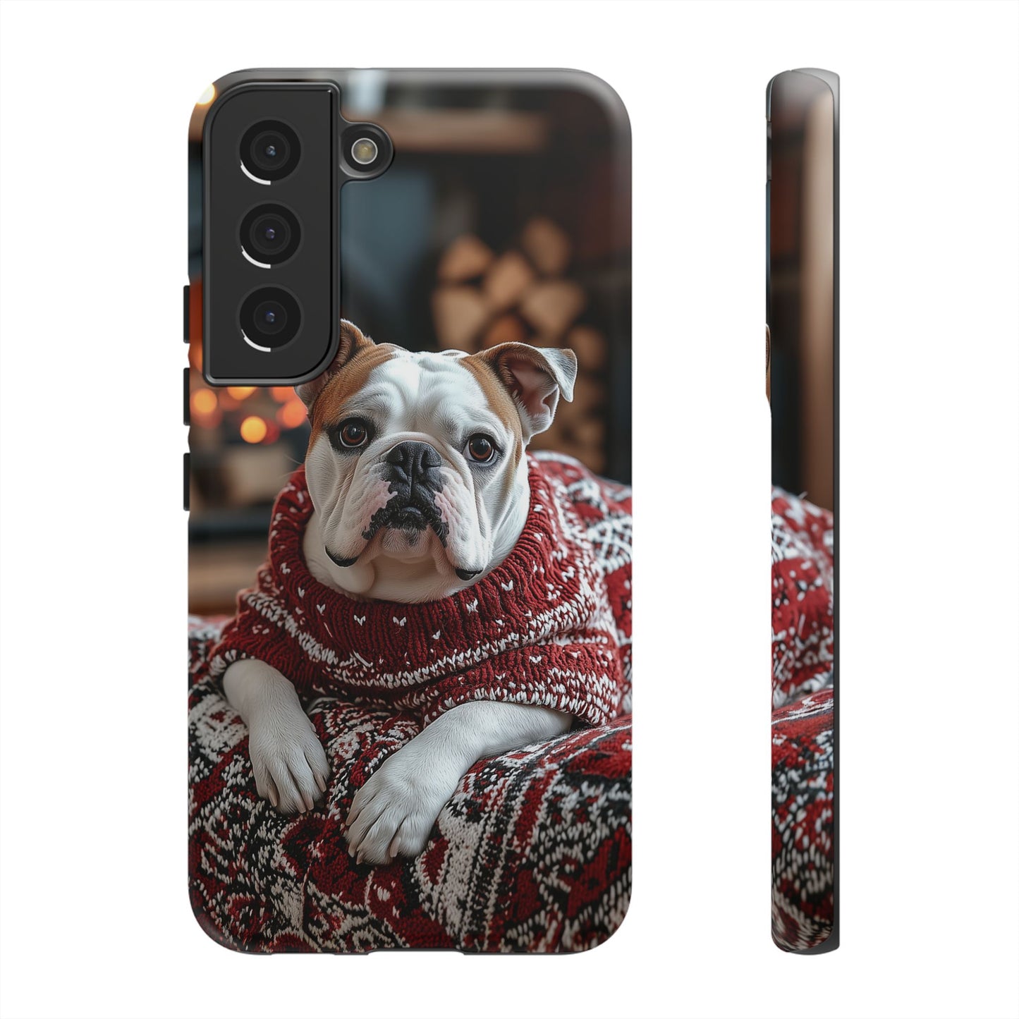 Cozy Bulldog in Sweater Samsung Galaxy Case – Festive Fireplace Protective Cove