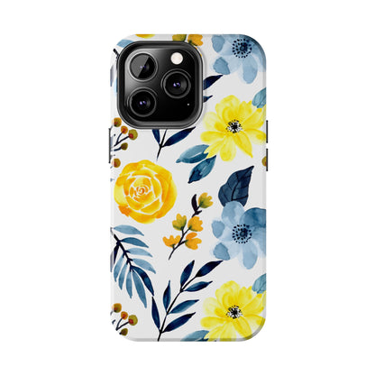 Golden Yellow & Sky Blue Floral – Watercolor Botanical iPhone Case