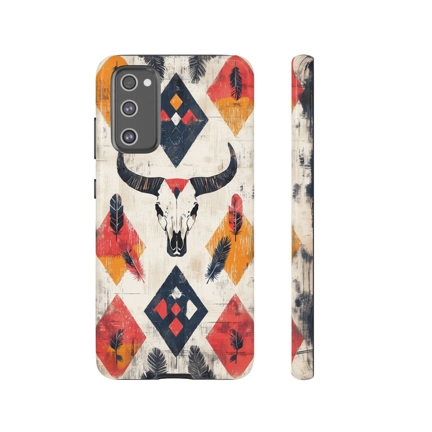 Western Bull Skull & Feathers Tough Samsung Galaxy Case – Bold Tribal Design, Dual - Layer Protection - BOGO Cases