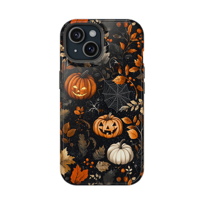 Elegant Halloween MagSafe iPhone Case – Pumpkin Jack-o'-Lanterns, Cobwebs & Autumn Foliage Design