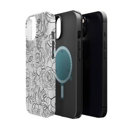 Monochrome Rose Garden Tough MagSafe iPhone Case – Elegant Floral Line Art with Dual-Layer Protection