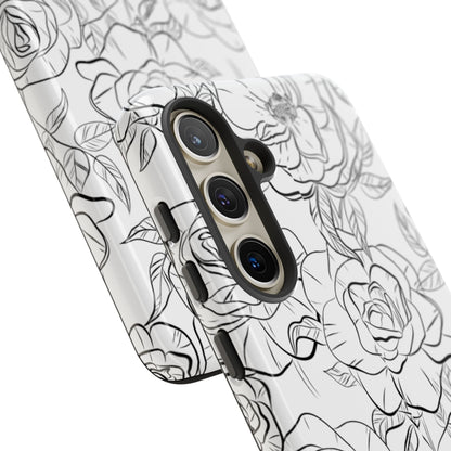 Monochrome Rose Garden Tough Samsung Galaxy Case – Elegant Floral Line Art with Dual-Layer Protection
