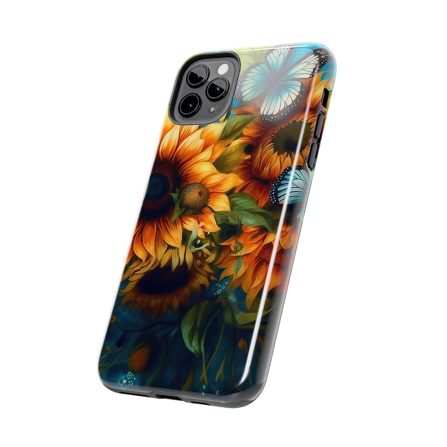 Aqua Blue Butterfly & Sunflower Art – iPhone Case