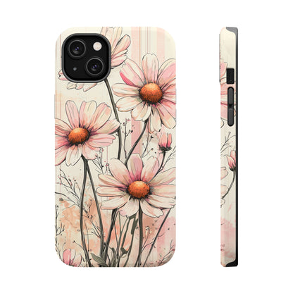 Pastel Pink Daisy MagSafe iPhone Case - Elegant Floral Plaid Protective Cover