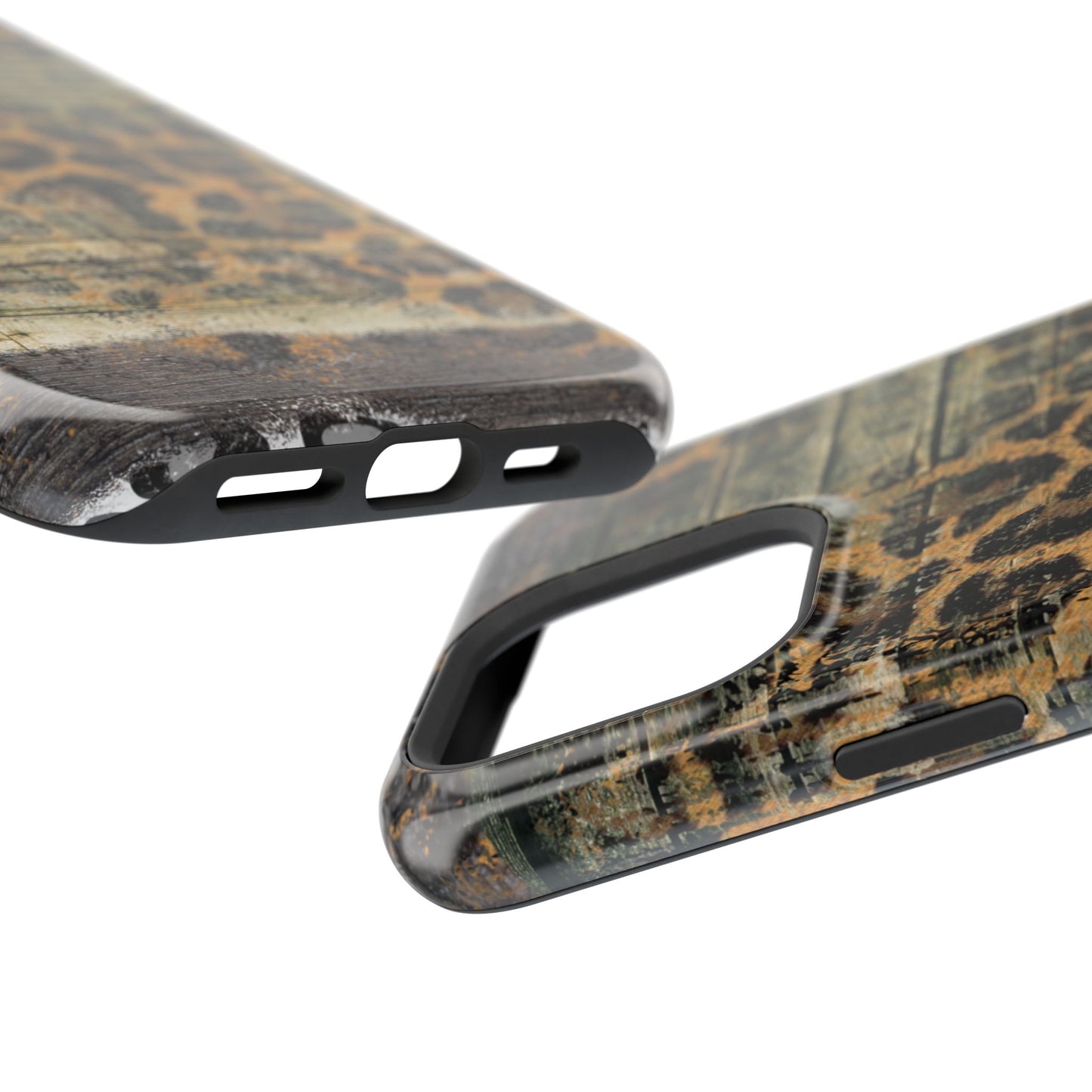 Rustic Wood and Leopard Print Tough MagSafe iPhone Case – Distressed Western Design with Dual-Layer Protection