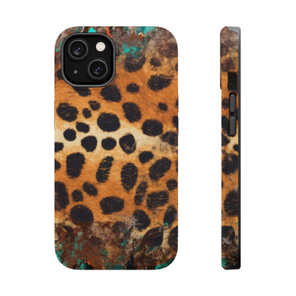 Rustic Leopard Print Tough MagSafe iPhone Case – Distressed Turquoise and Animal Pattern with Dual-Layer Protection