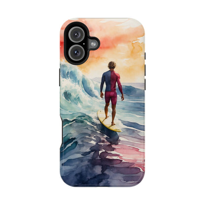 Surfer’s Sunset Wave MagSafe iPhone Case – Vibrant Watercolor Design