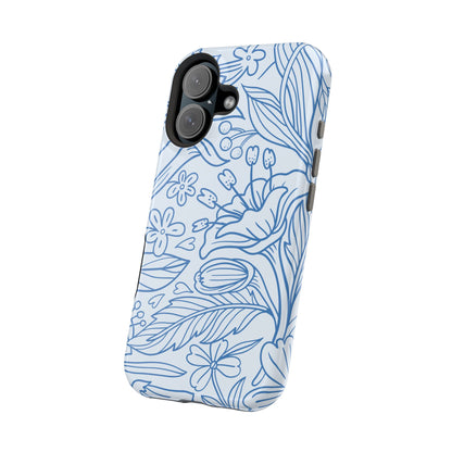 Dusty Blue Floral Line Art Tough MagSafe iPhone Case – Minimalist Botanical Design with Dual-Layer Protection