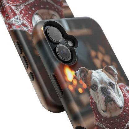 Cozy Bulldog in Sweater MagSafe iPhone Case – Festive Fireplace Protective Cover