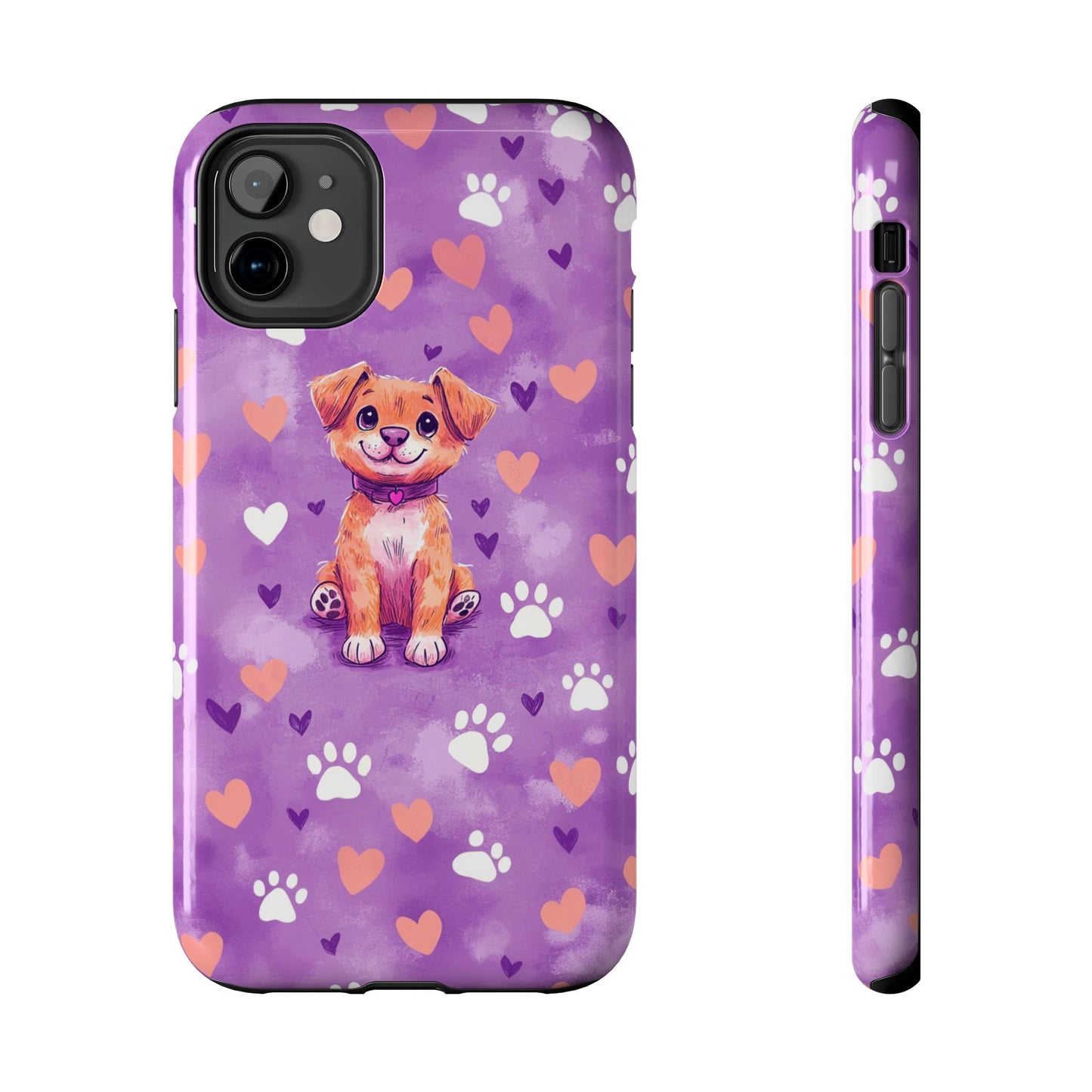 Cute Puppy iPhone Case - Adorable Pet Design with Hearts & Paw Prints, Protective Cover