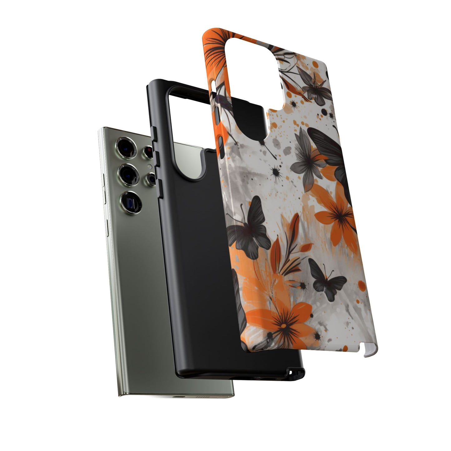 Orange Blossom & Black Butterfly Samsung Galaxy Case – Bold Floral Pattern with Modern Abstract Style