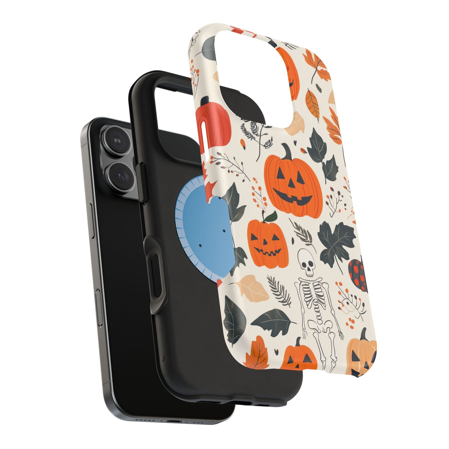 Spooky Pumpkin & Skeleton MagSafe iPhone Case – Halloween Jack-O'-Lantern Design