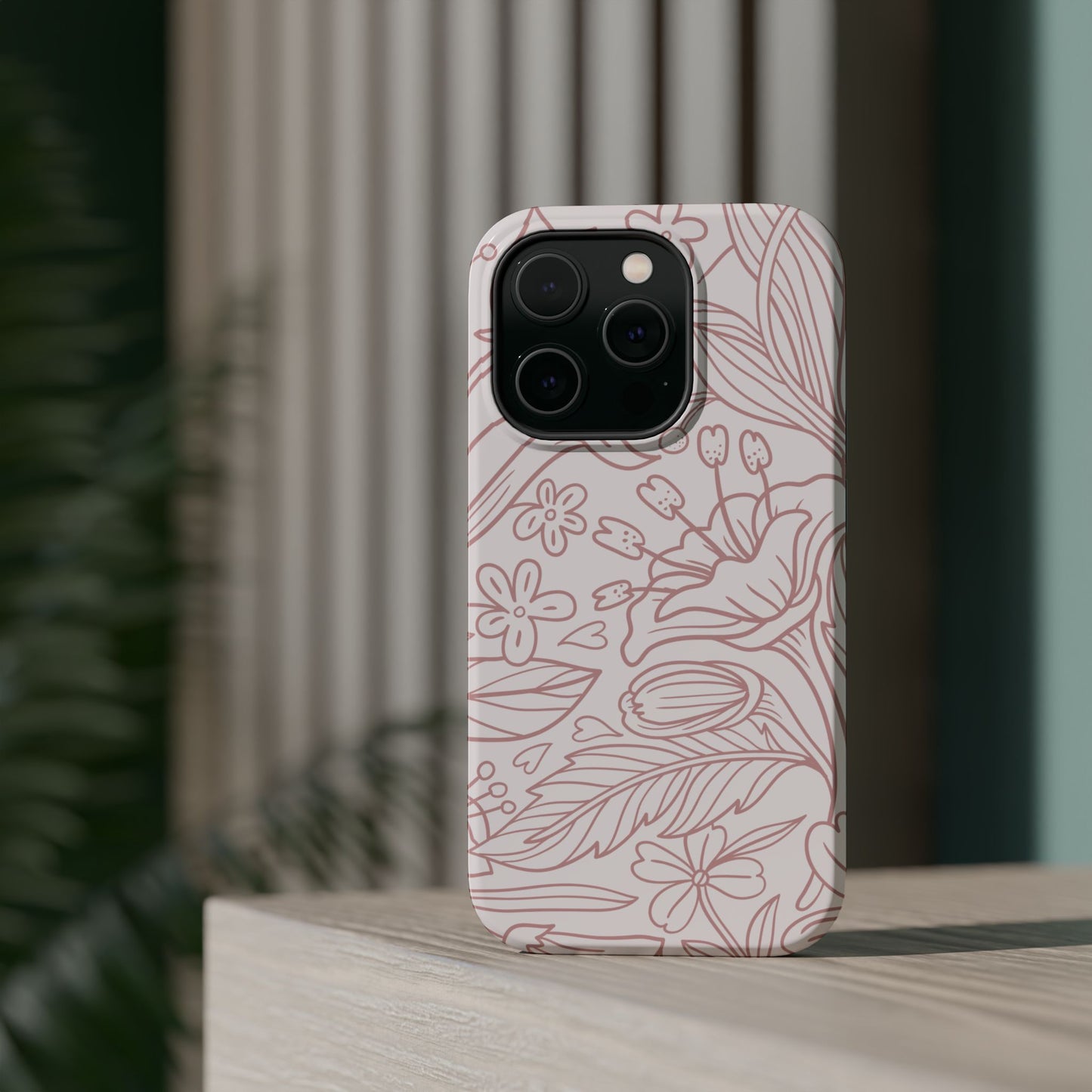 Blush Floral Line Art Tough MagSafe iPhone Case – Delicate Minimalist Design with Dual-Layer Protection