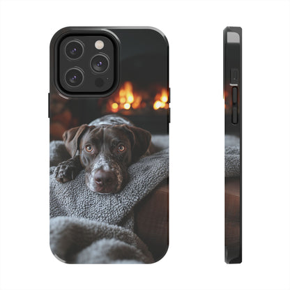 Cozy German Shorthaired Pointer iPhone Case – Rustic Fireplace Protective Cover