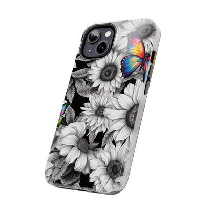 Rainbow Butterflies & Monochrome Sunflowers – iPhone Case